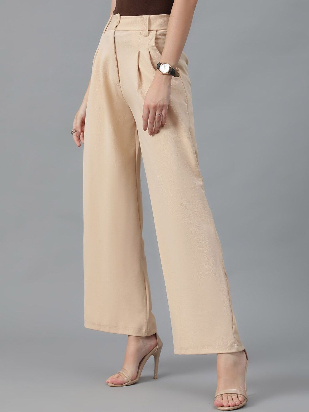 KOTTY BIZwear Women Beige Relaxed Straight Leg High-Rise Easy Wash Parallel Trousers