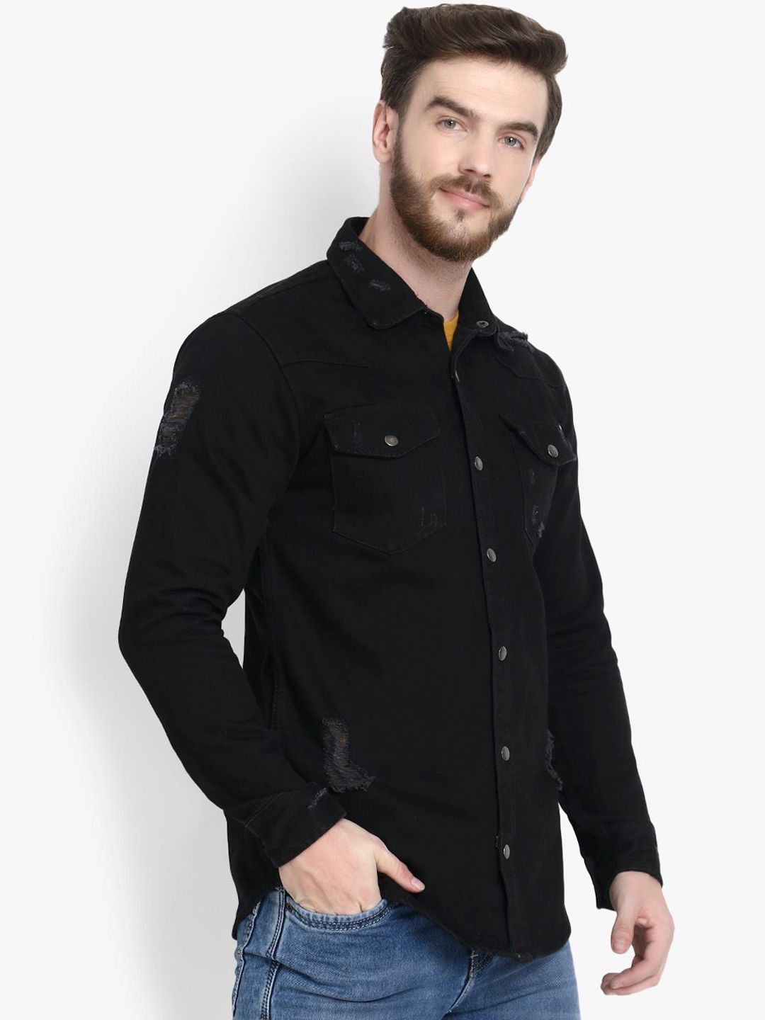 Kotty Men Black Solid Lightweight Denim Jacket