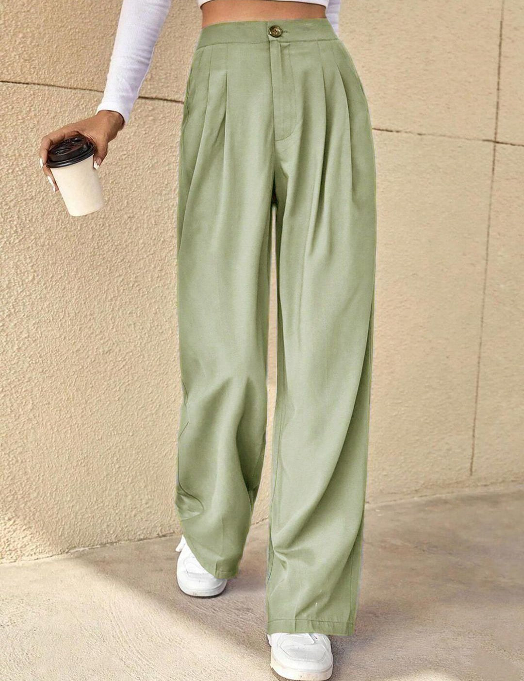 Kotty Green Women Relaxed Straight Leg High-Rise Easy Wash Pleated Parallel Trousers