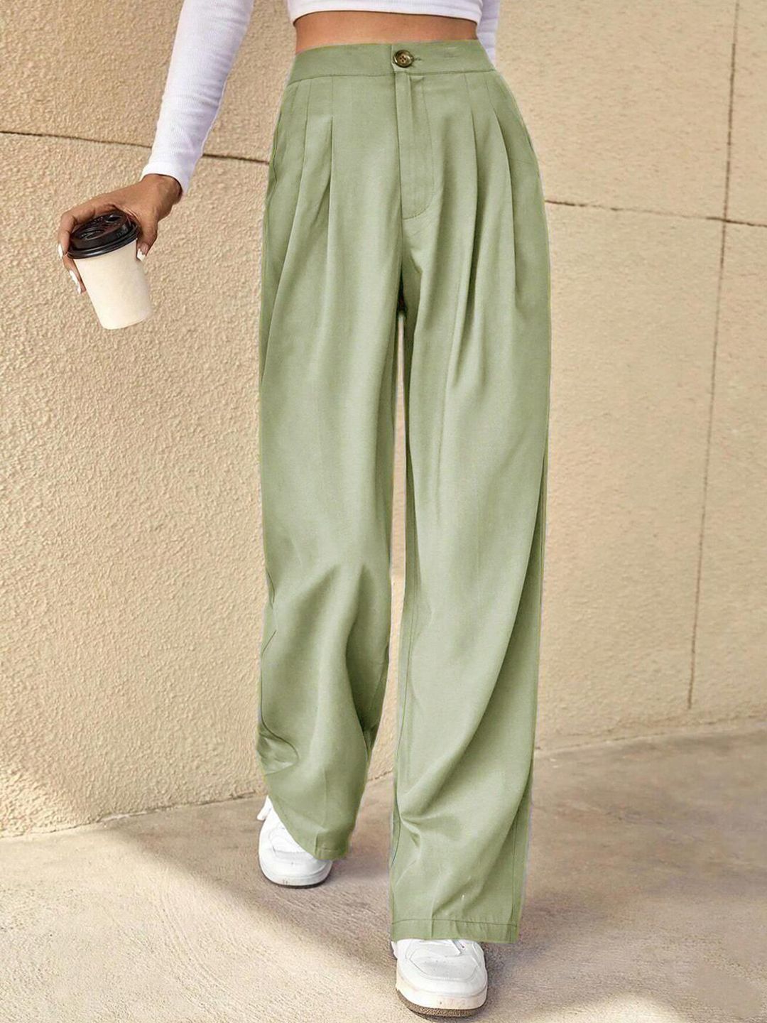 Kotty Green Women Relaxed Straight Leg High-Rise Easy Wash Pleated Parallel Trousers