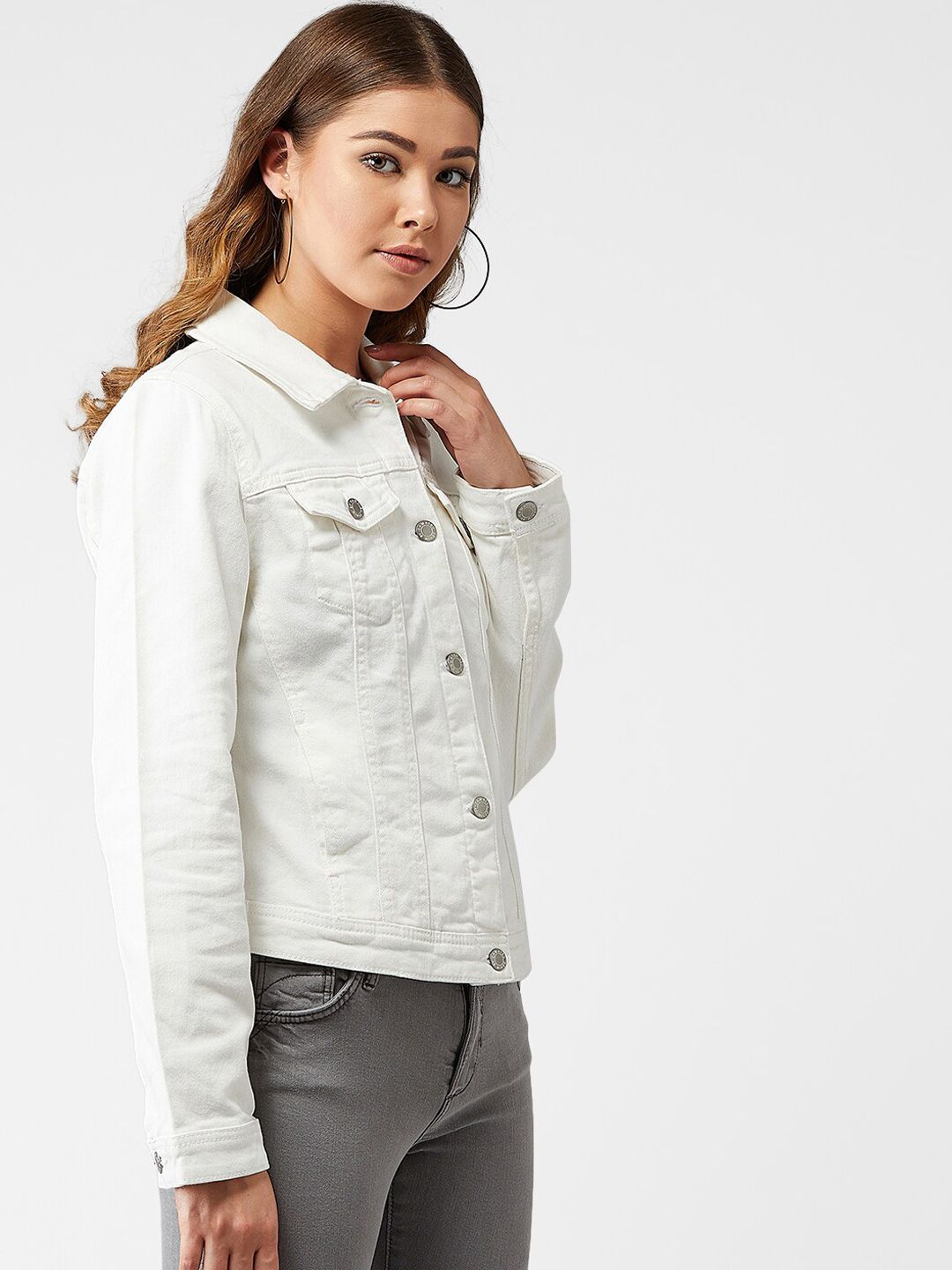 Kotty Women White Solid Denim Jacket