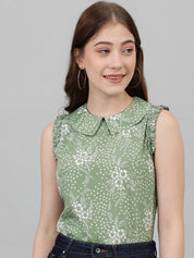 Kotty Green Floral Printed Peter Pan Collar Top