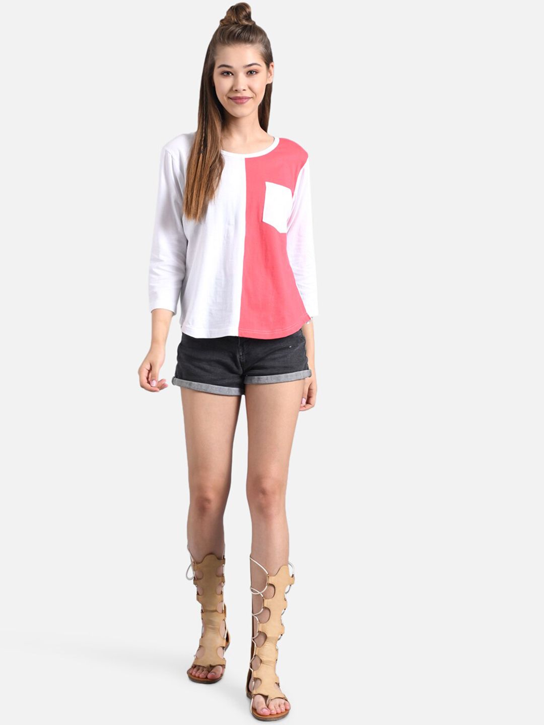 Kotty Women White & Red Colourblocked Round Neck T-shirt