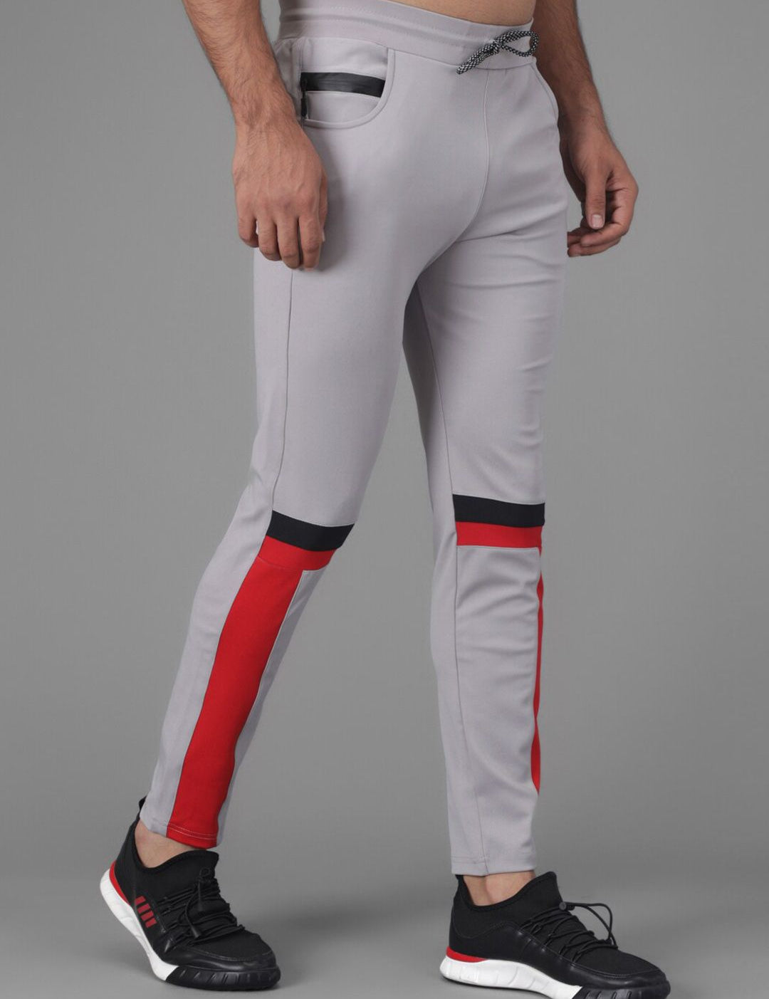 Kotty Men Grey & Red Colourblocked Straight Fit Track Pants