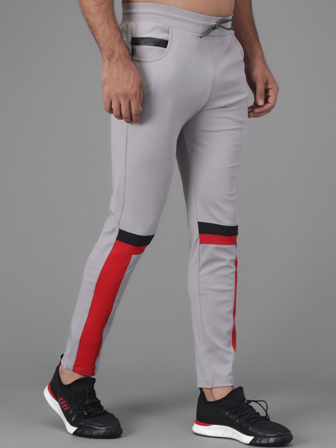 Kotty Men Grey & Red Colourblocked Straight Fit Track Pants