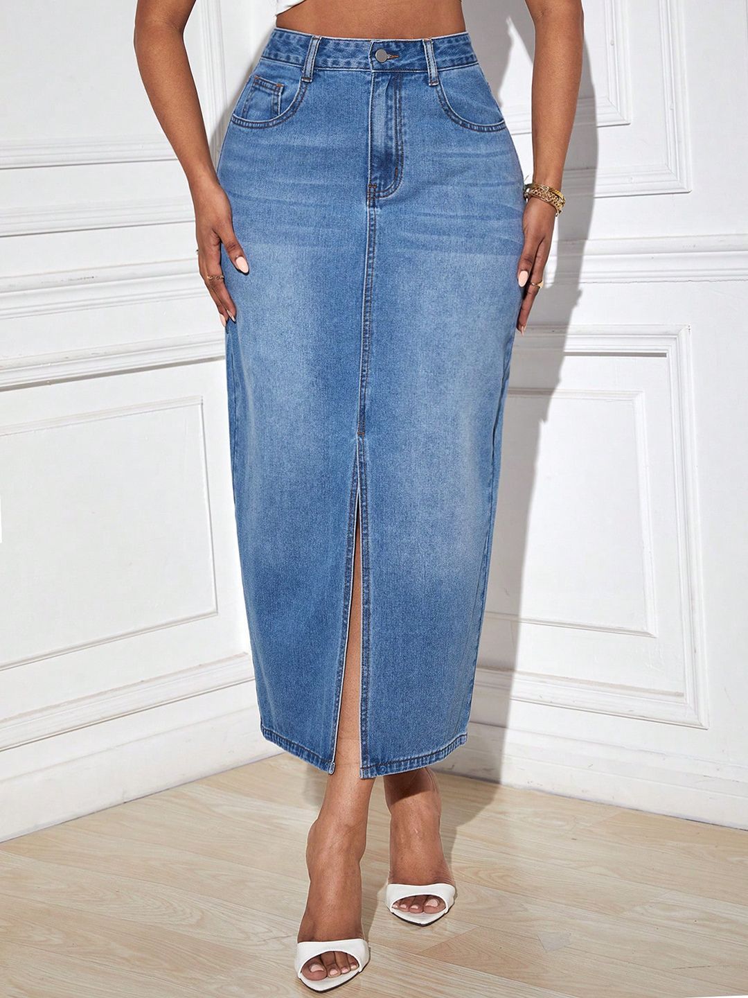 Kotty Denim Pencil Midi Skirt