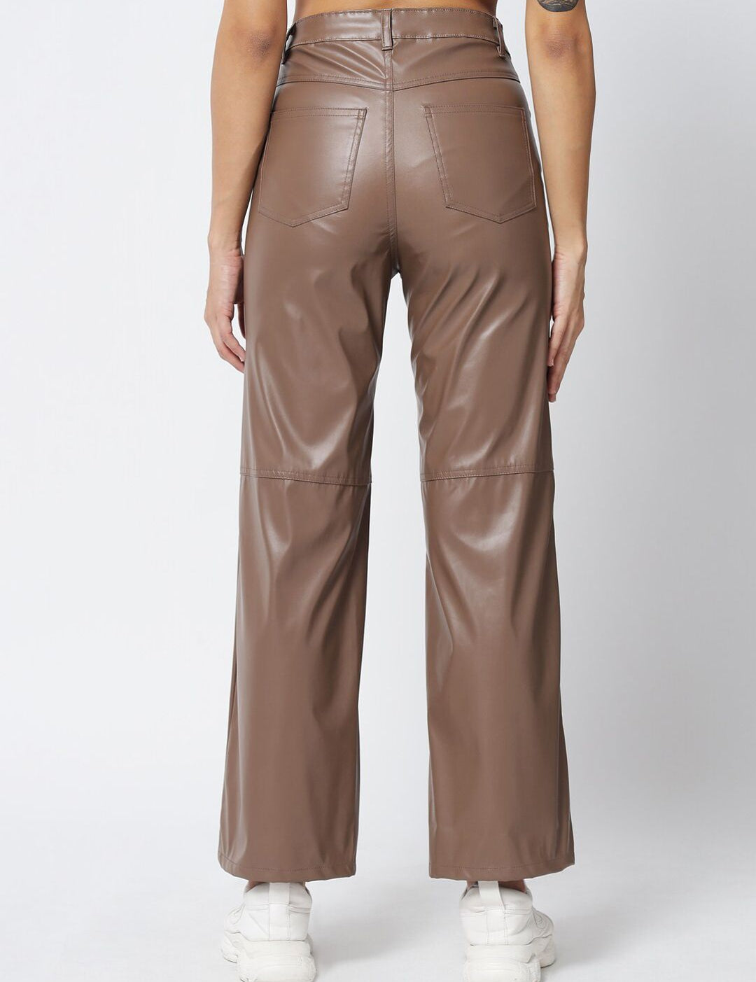 Kotty Women Brown Relaxed Straight Fit PU Leather Parallel Trousers