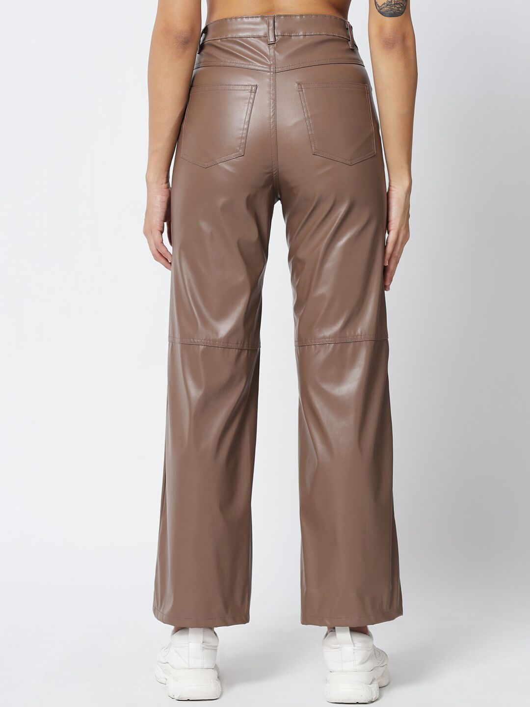 Kotty Women Brown Relaxed Straight Fit PU Leather Parallel Trousers