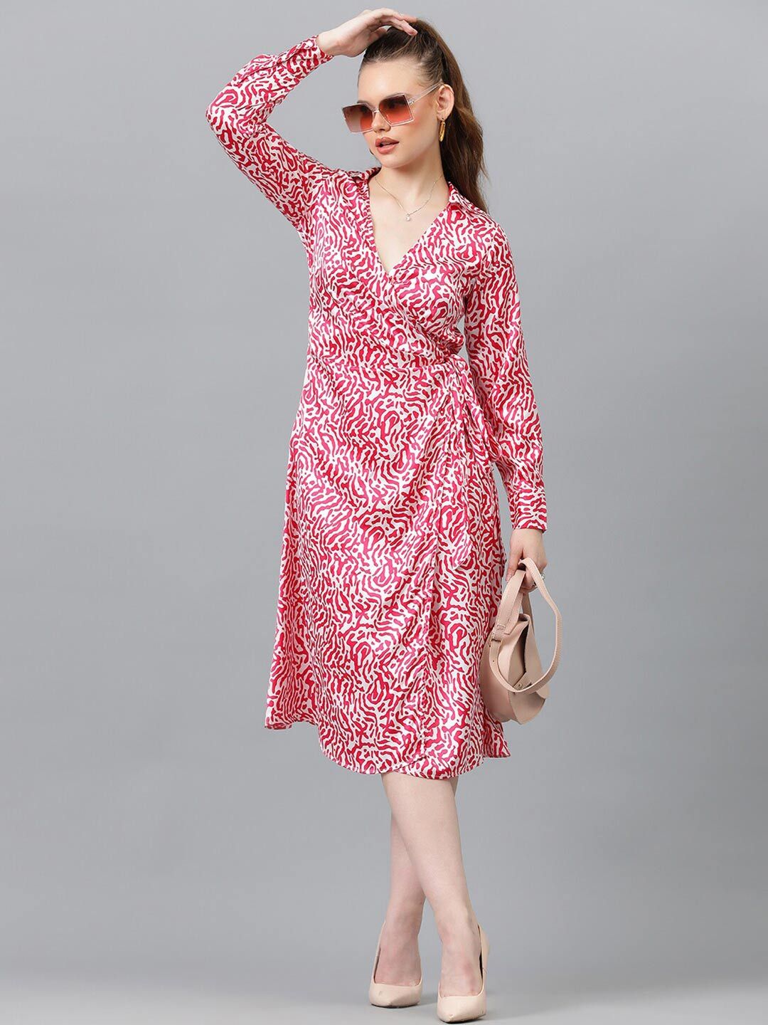 Kotty Pink & White Abstract Printed Puffed Sleeves Satin Midi Dress