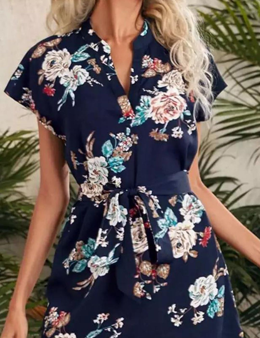 Kotty Navy Blue & Beige Floral Printed Mandarin Collar Extended Sleeves A-Line Dress