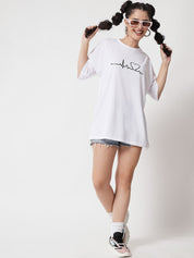 Kotty Women White Typography Printed Drop-Shoulder Sleeves Oversized T-shirt