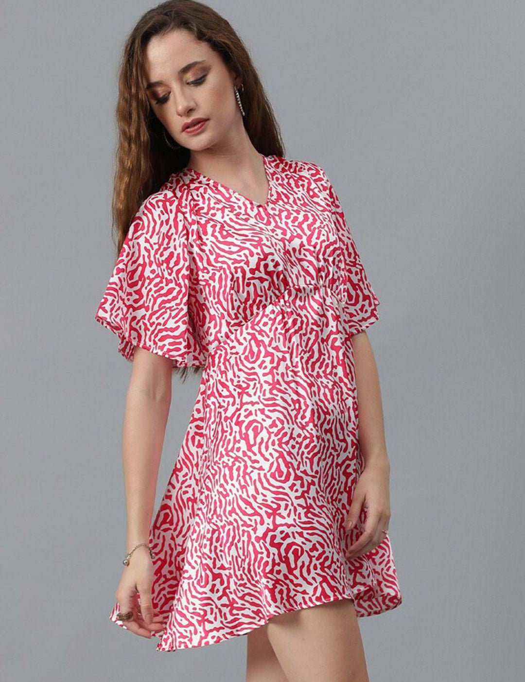 Kotty Red & White Abstract Print Flared Sleeve A-Line Mini Dress