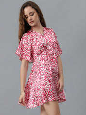 Kotty Red & White Abstract Print Flared Sleeve A-Line Mini Dress