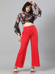 Kotty Women Red High-Rise Relaxed Wide Leg Straight Fit Easy Wash Trousers