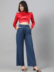 KOTTY BIZwear Women Blue High-Rise Relaxed Straight Leg Straight Fit Easy Wash Pleated Trousers