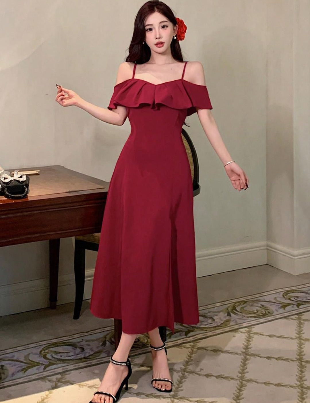 Kotty Women Shoulder Straps A-Line Midi Dress