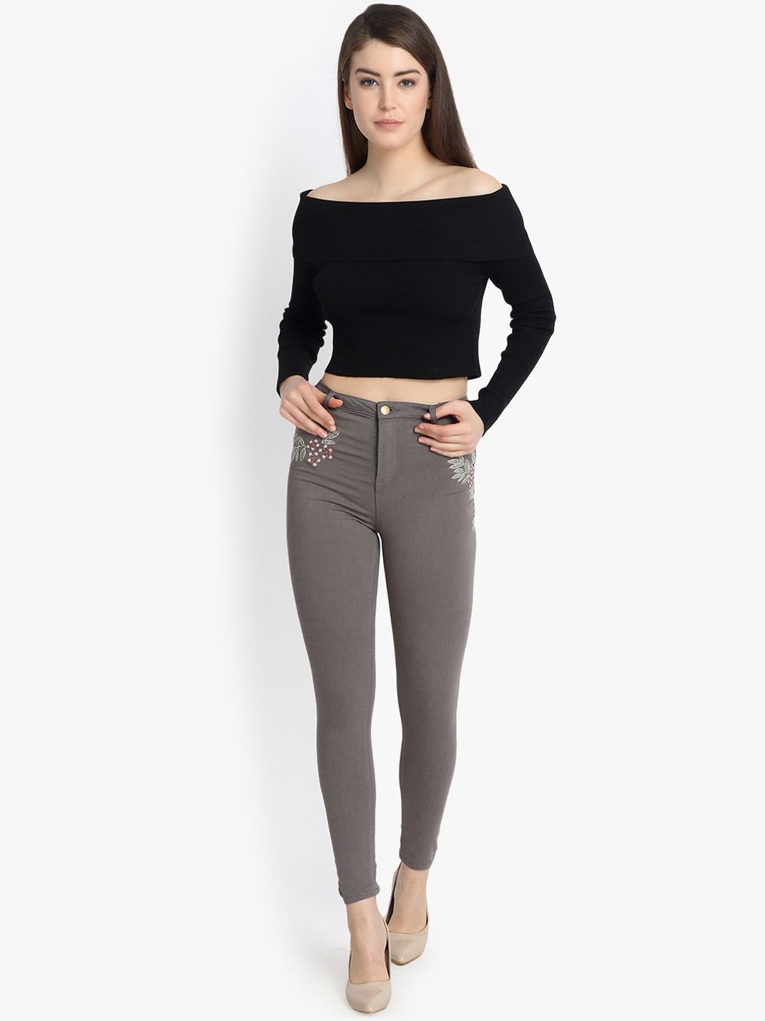 Kotty Women Grey Skinny Fit High-Rise Clean Look Stretchable Jeans