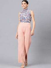 Kotty White Floral Printed High Neck Crepe Top