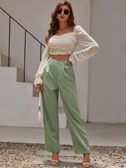 KOTTY BIZwear Women Green Relaxed Straight Fit High-Rise Easy Wash Pleated Trousers