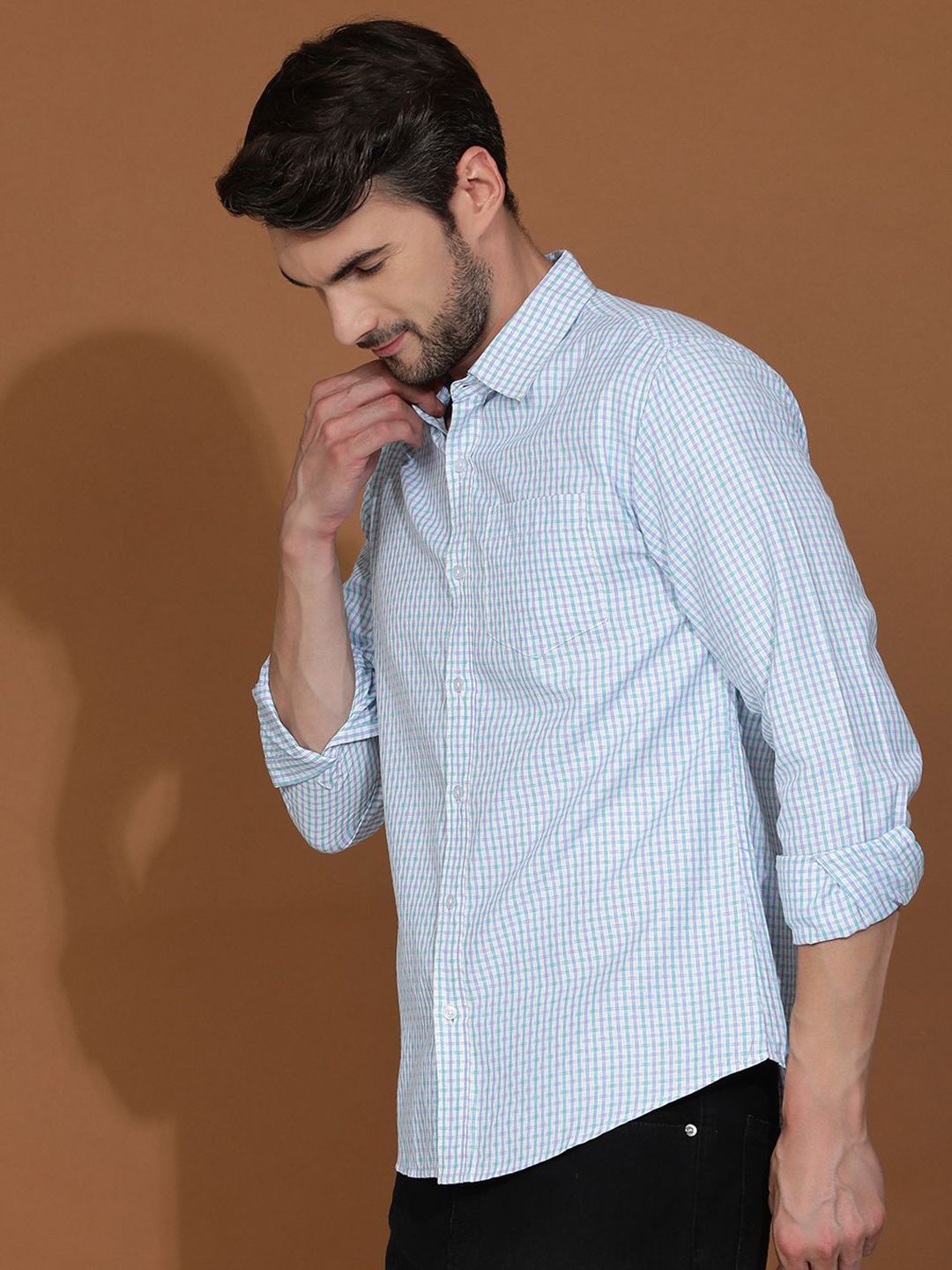 Kotty Blue New Spread Collar Checked Casual Shirt