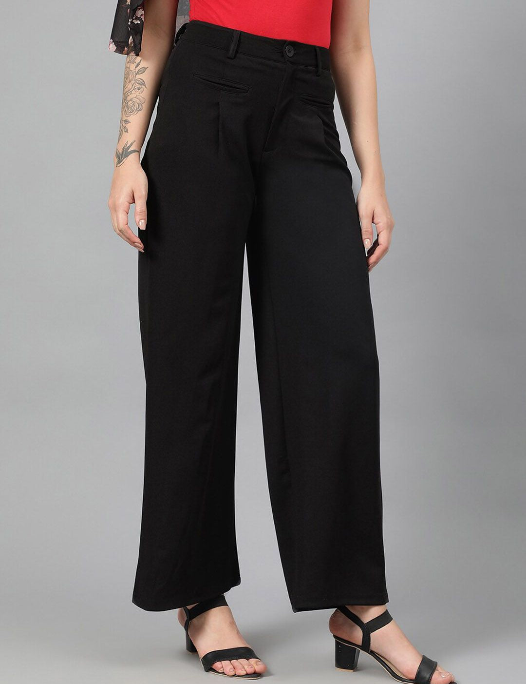 Kotty Women Black Relaxed Straight Leg Fit High-Rise Easy Wash Parallel Trousers
