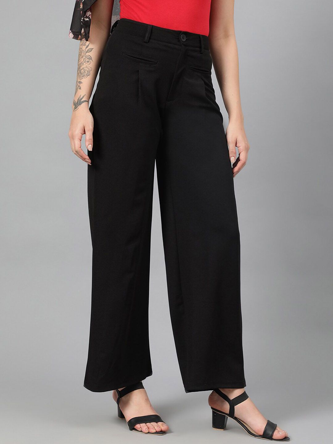 Kotty Women Black Relaxed Straight Leg Fit High-Rise Easy Wash Parallel Trousers