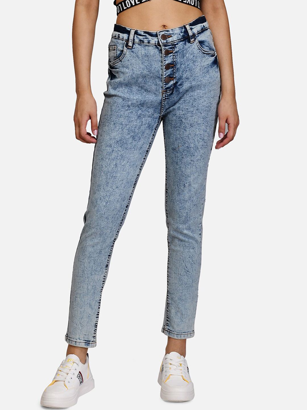 Kotty Women Blue Skinny Fit High-Rise Acid Washed Jeans