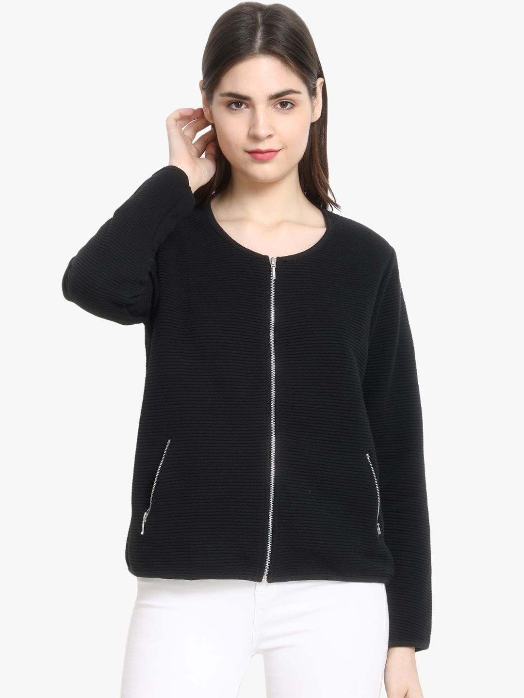 Kotty Women Black Self Design Lightweight Tailored Jacket