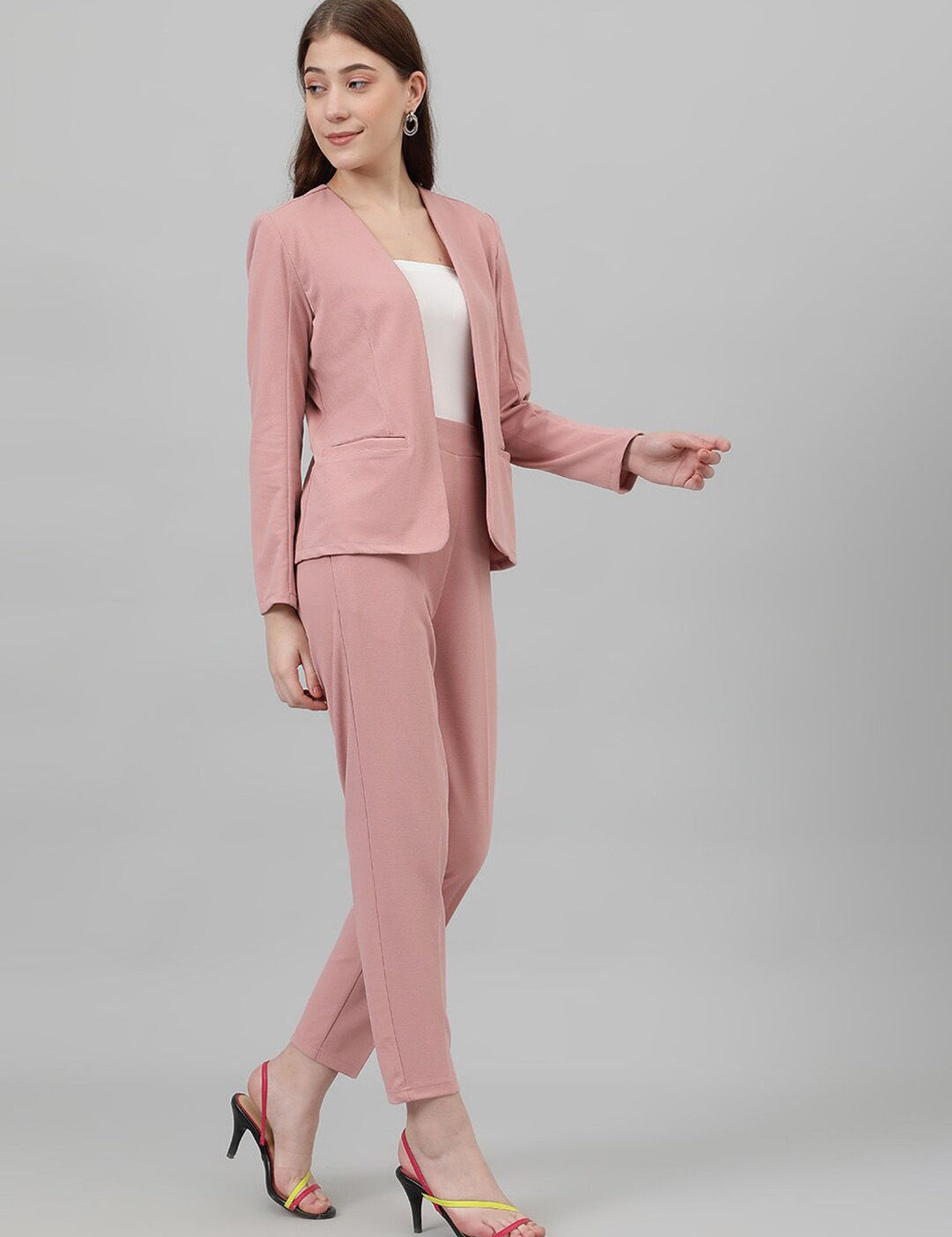Kotty Pink Collarless Long Sleeves Blazer With Trousers