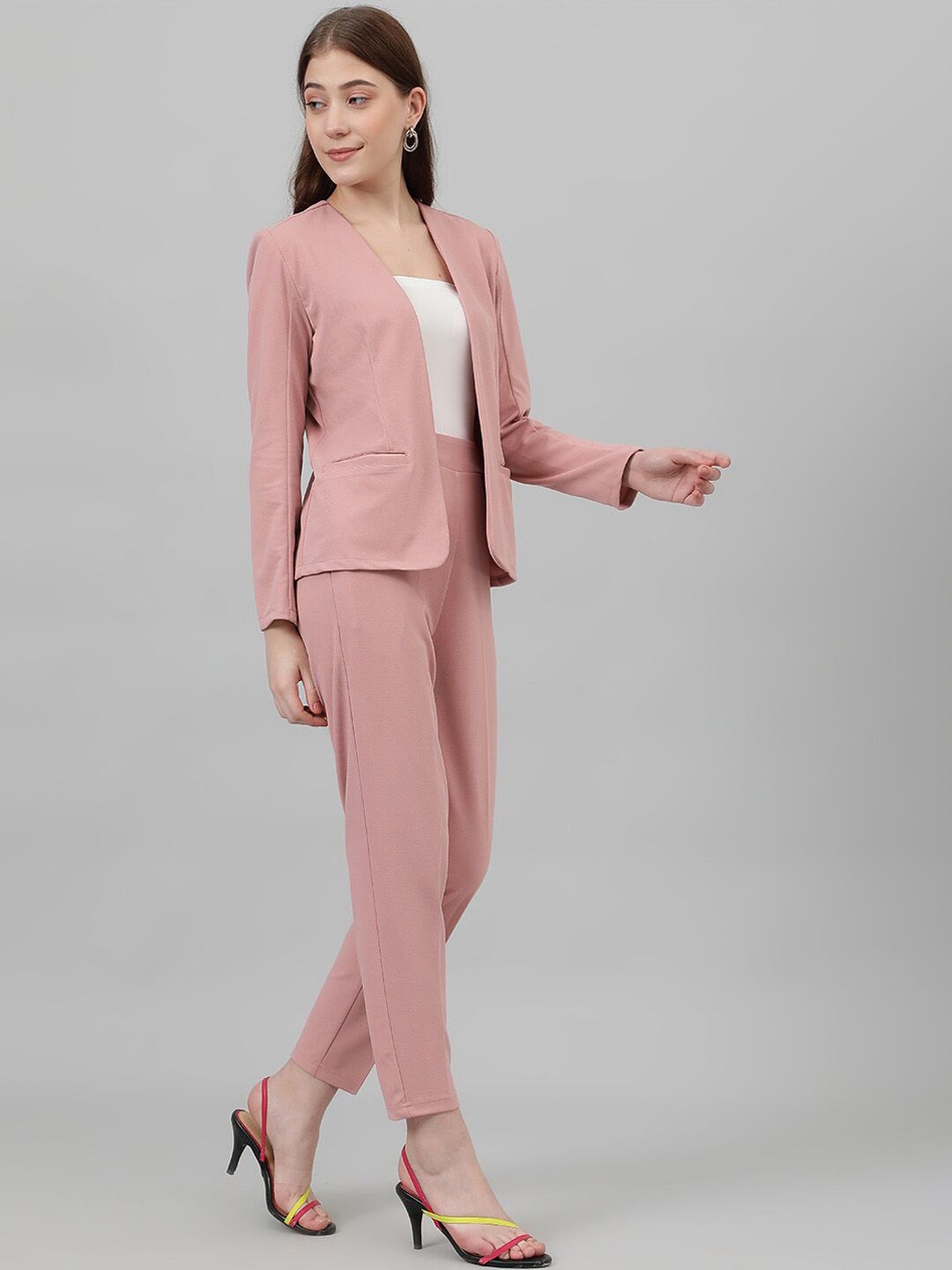 Kotty Pink Collarless Long Sleeves Blazer With Trousers