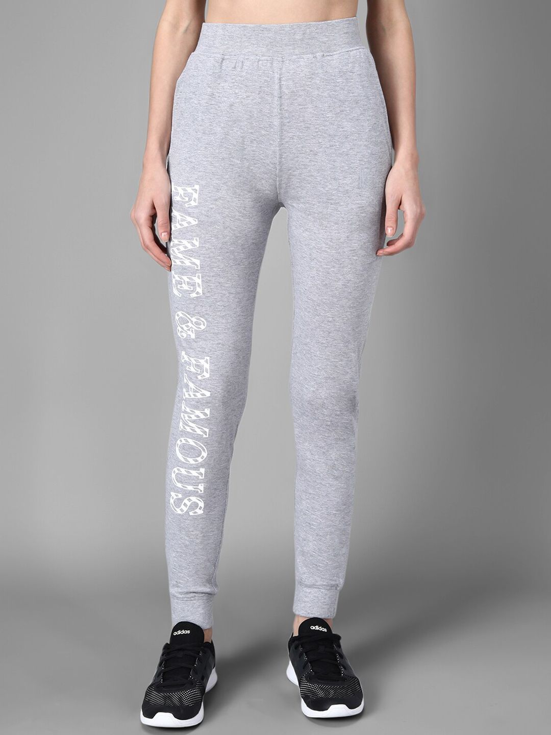 Kotty Women Grey Melange & White Printed Joggers