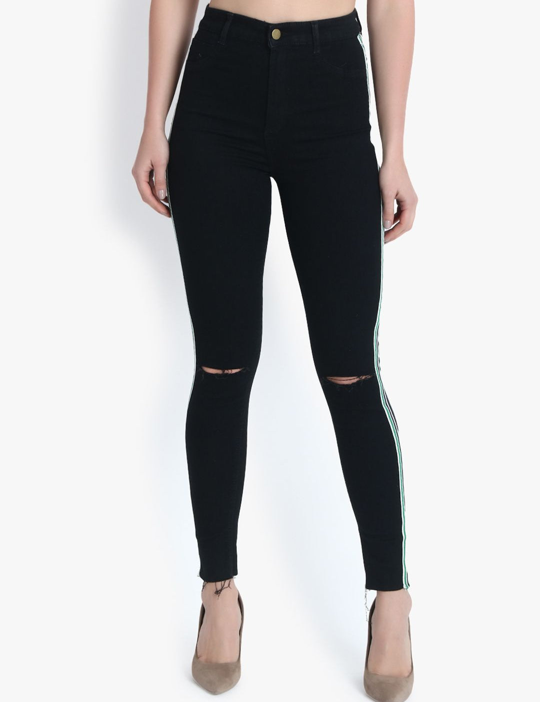 Kotty Women Black Skinny Fit High-Rise Slash Knee Stretchable Jeans