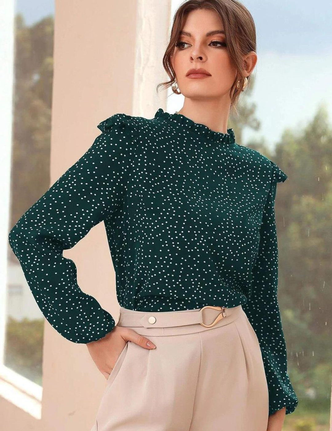 Kotty Polka Dot Print Puff Sleeve Ruffles Crepe Top