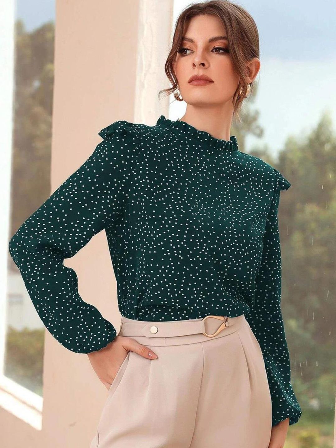 Kotty Polka Dot Print Puff Sleeve Ruffles Crepe Top