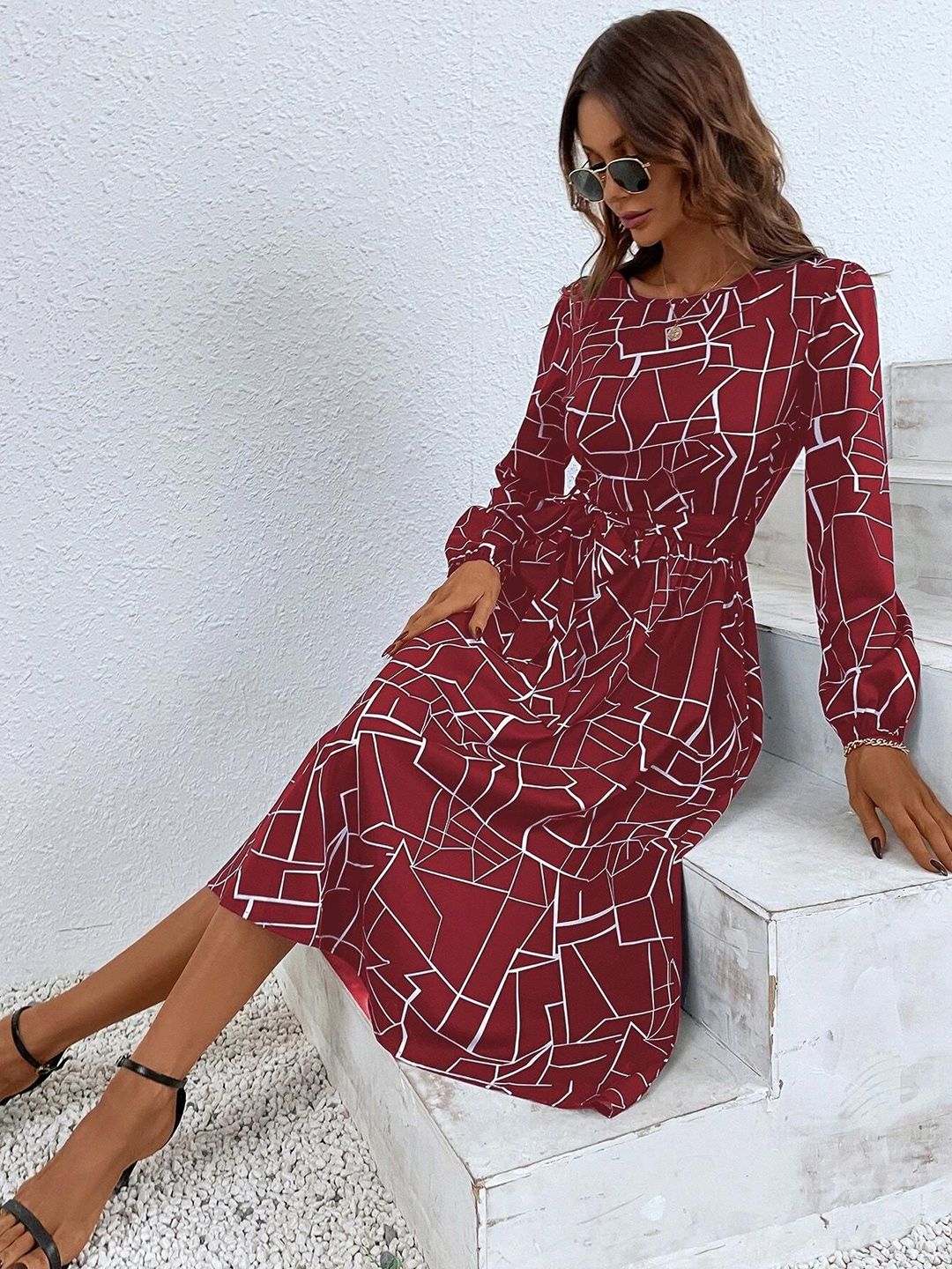 Kotty Maroon Abstract Printed Fit & Flare Midi Dress