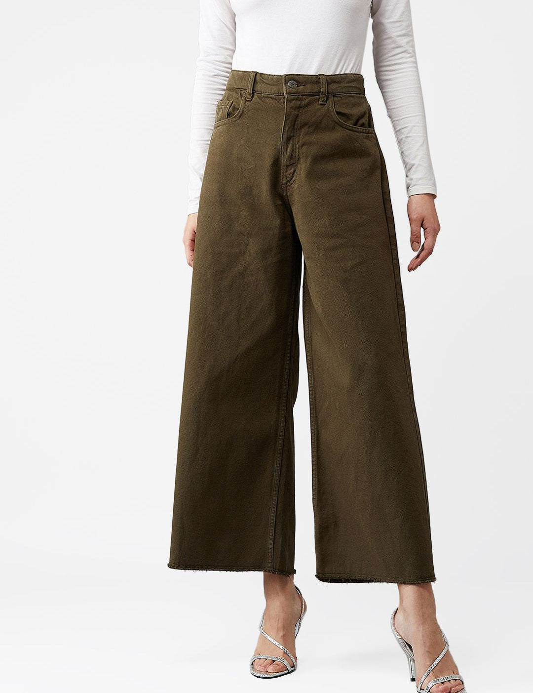 Kotty Women Olive Green Wide Leg High-Rise Clean Look Jeans