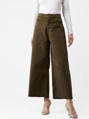 Kotty Women Olive Green Wide Leg High-Rise Clean Look Jeans