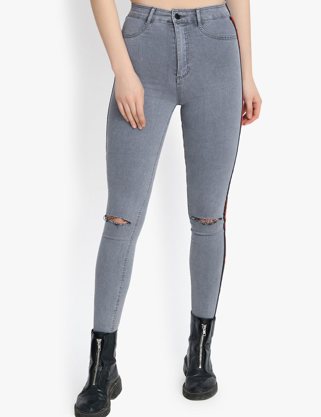 Kotty Women Grey Skinny Fit High-Rise Slash Knee Stretchable Jeans