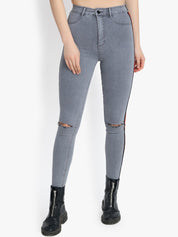 Kotty Women Grey Skinny Fit High-Rise Slash Knee Stretchable Jeans