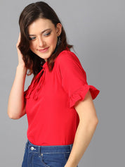 Kotty Red Tie-Up Neck Bell Sleeve Crepe Top