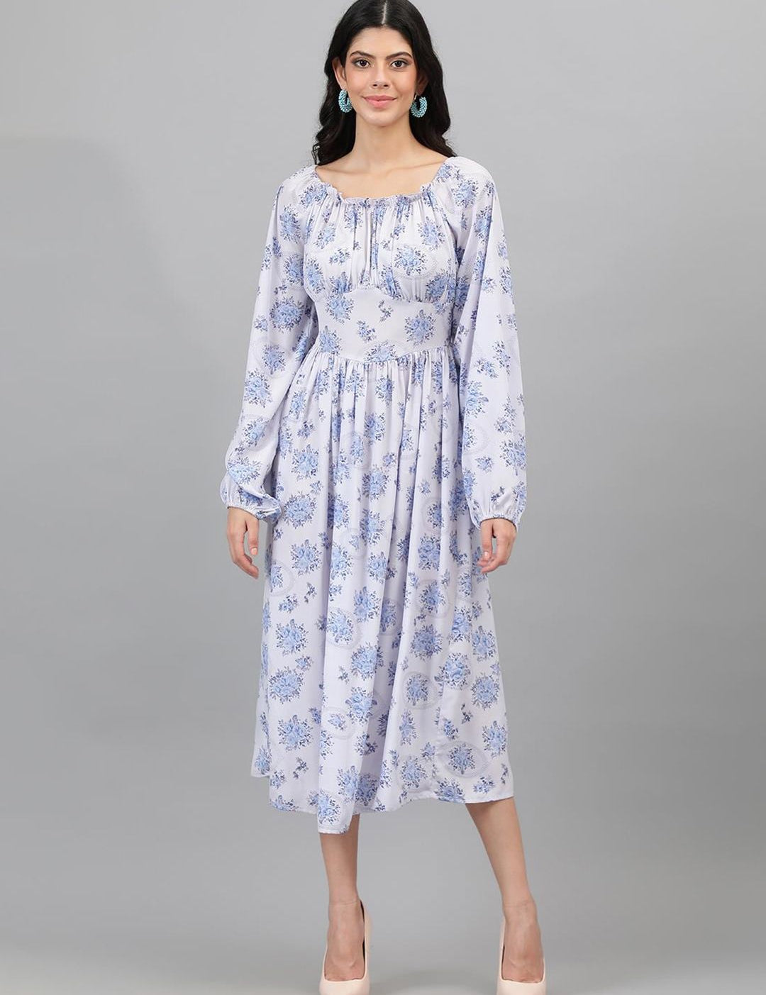 Kotty White And Blue Floral Printed Puff Sleeves Fit & Flare Midi Dress
