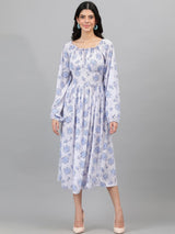 Kotty White And Blue Floral Printed Puff Sleeves Fit & Flare Midi Dress