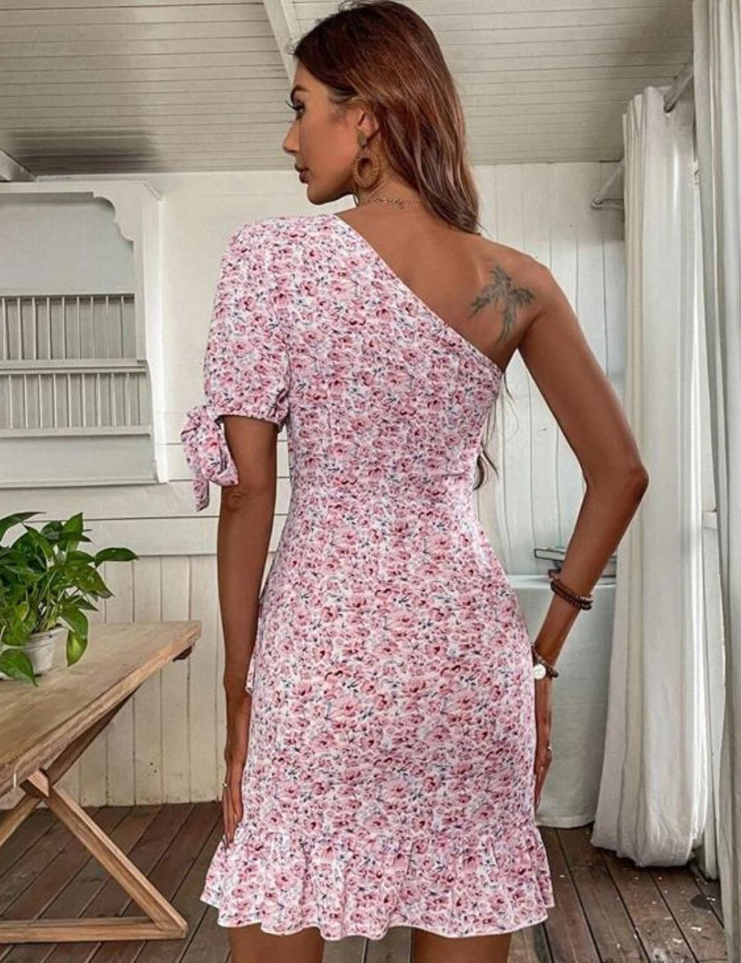 Kotty White & Pink Floral Printed One Shoulder Puffed Sleeve Ruffled Sheath Dress