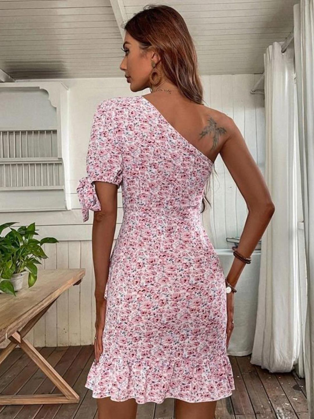 Kotty White & Pink Floral Printed One Shoulder Puffed Sleeve Ruffled Sheath Dress