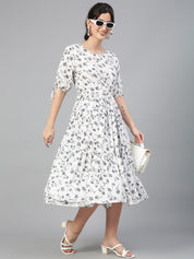 Kotty Floral Printed Puff Sleeves Fit & Flare Midi Dress