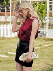 Kotty Maroon Conversational Printed Satin Wrap Top