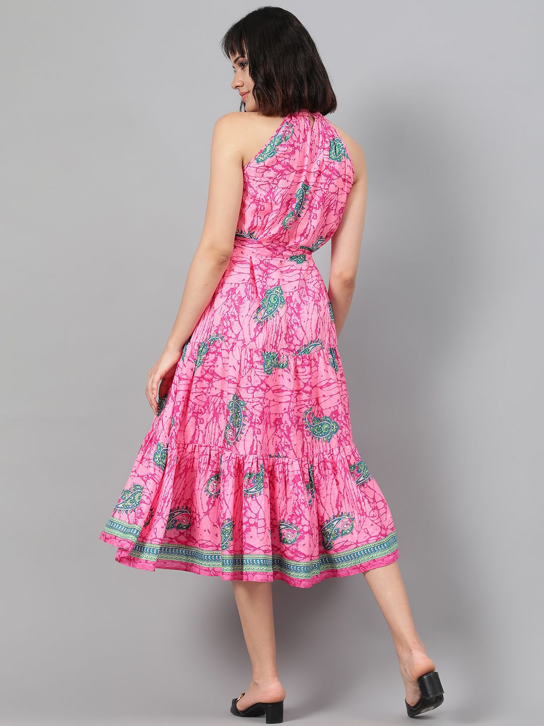 Kotty Floral Printed Halter Neck Layered Crepe Fit & Flare Midi Dress