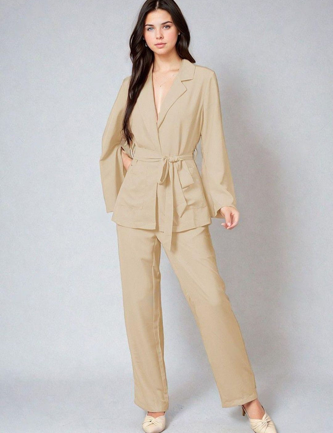 Kotty Beige Notch Lapel Collar Blazer With Trousers