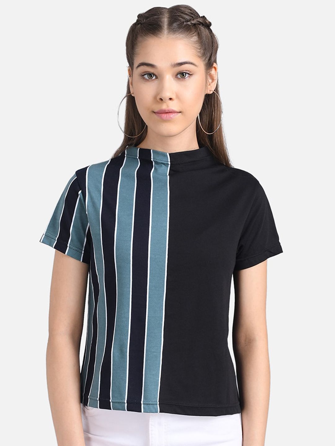 Kotty Women Black & Blue Striped Pure Cotton Top