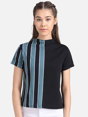 Kotty Women Black & Blue Striped Pure Cotton Top